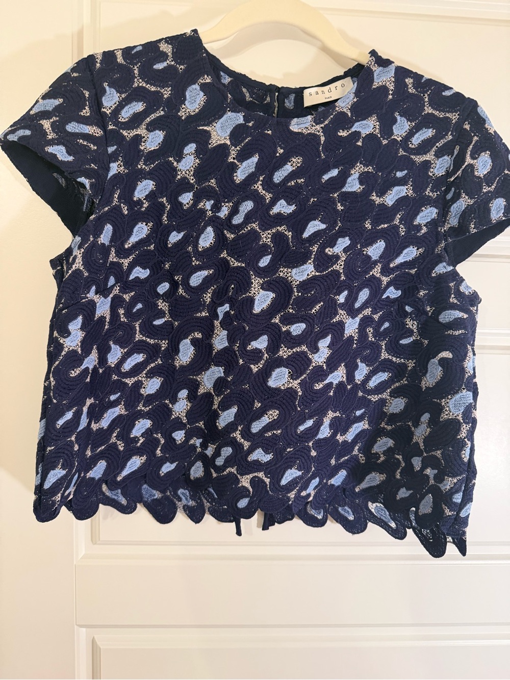Sandro Navy Lace Top with Light Blue Accents - Size Large